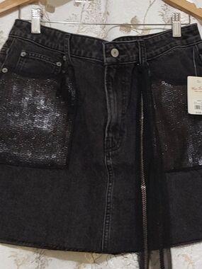 Lucky Brand Black Denim Mini Skirt with Glitter Pockets
